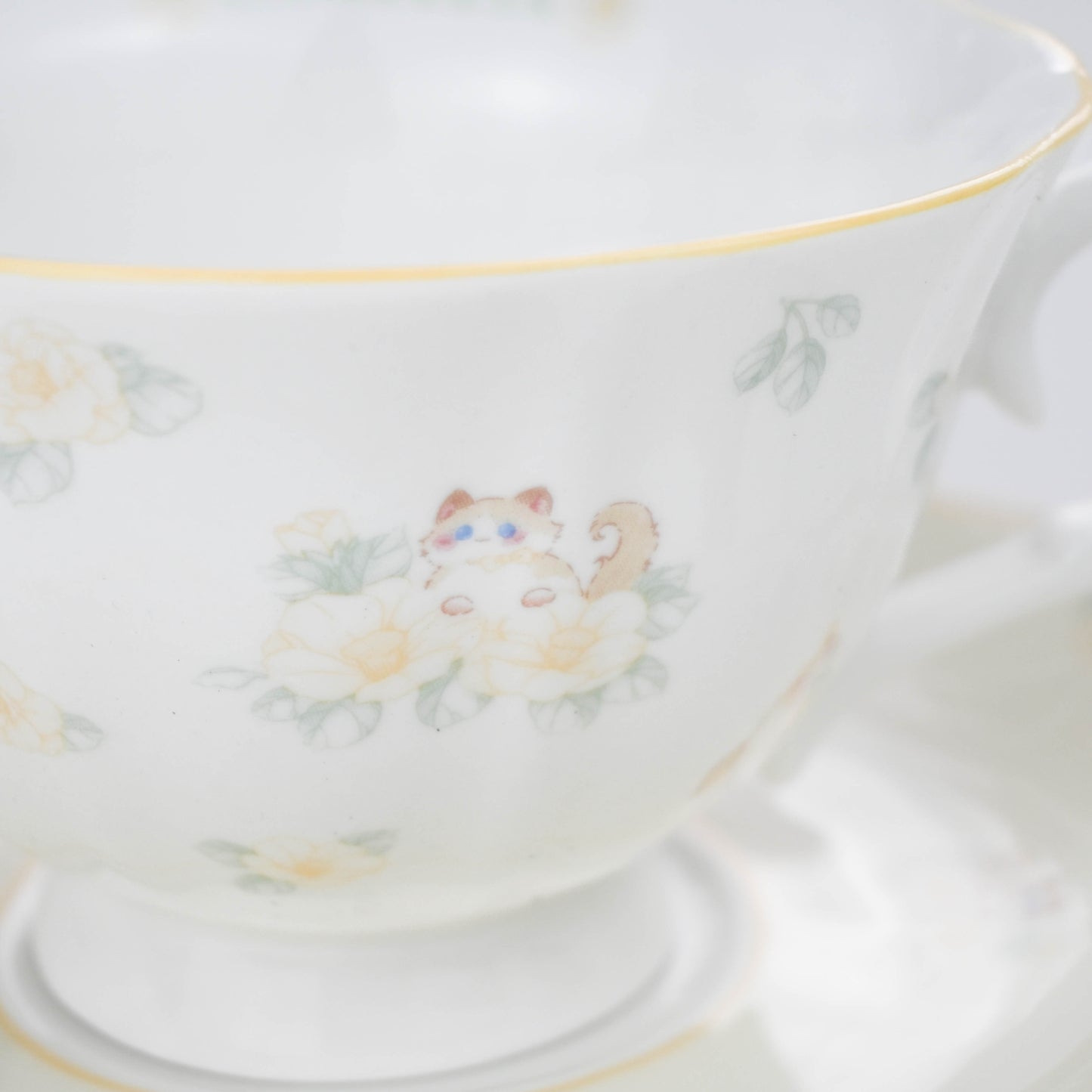 Ragdoll Cat Ceramic Cup and Saucer Set, Vintage Floral Teacup with Plate
