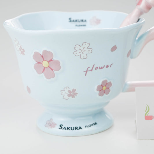 Ceramic Sakura Mug with Lid and Spoon, Pink Flower Cup - Blue & Pink