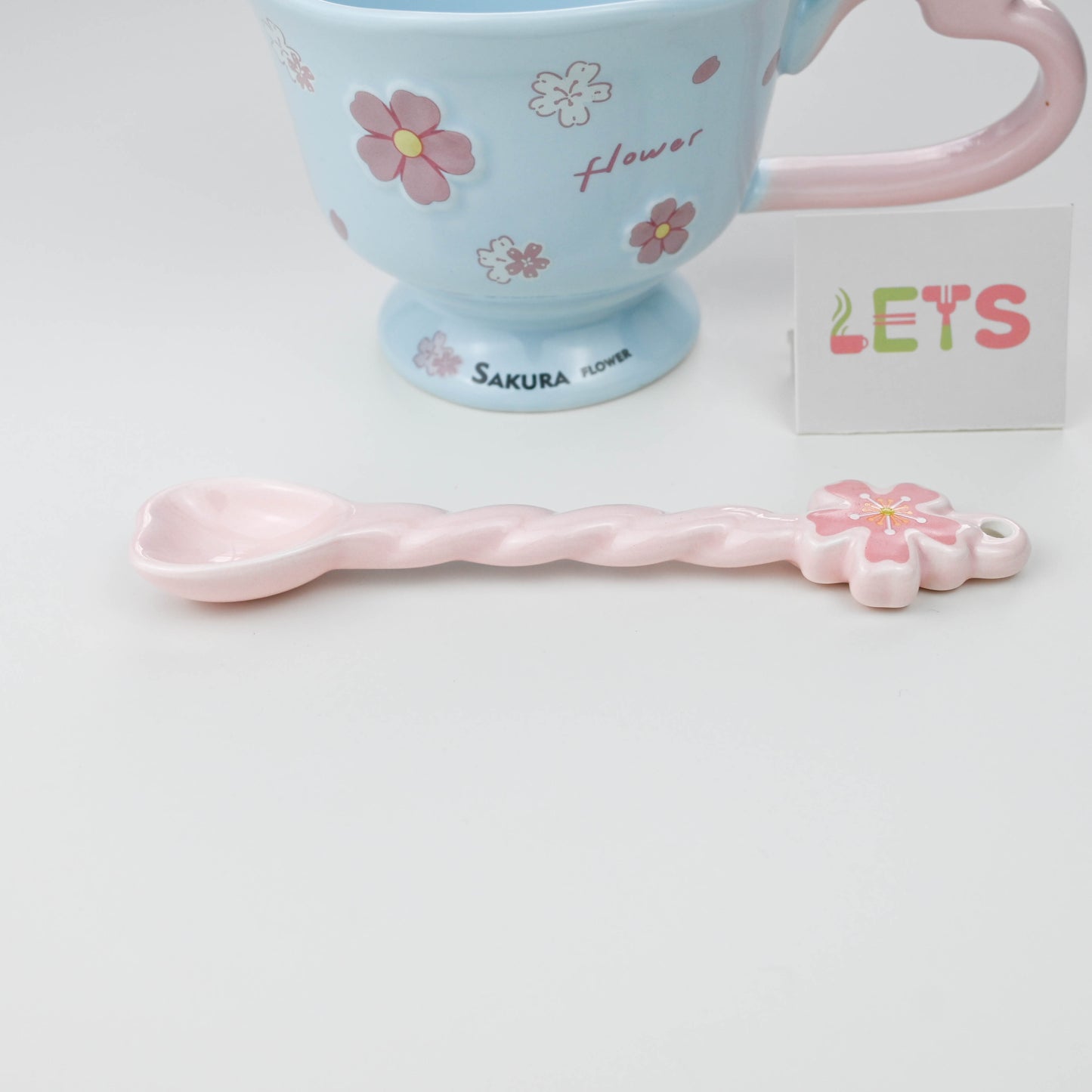Ceramic Sakura Mug with Lid and Spoon, Pink Flower Cup - Blue & Pink