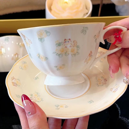 Ragdoll Cat Ceramic Cup and Saucer Set, Vintage Floral Teacup with Plate