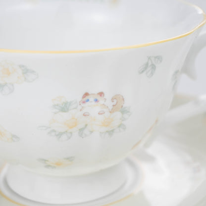 Ragdoll Cat Ceramic Cup and Saucer Set, Vintage Floral Teacup with Plate