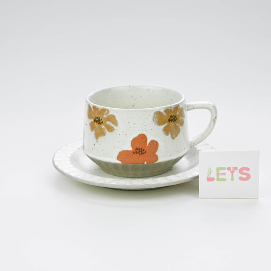 Vintage Rustic Stoneware Coffee Cup with Saucer, Underglaze Ceramic Mug - Floral Pattern