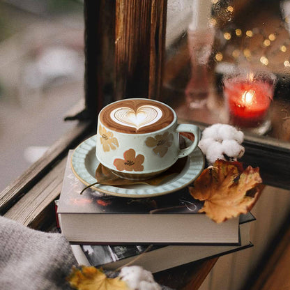 Vintage Rustic Stoneware Coffee Cup with Saucer, Underglaze Ceramic Mug - Floral Pattern