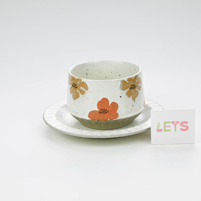 Vintage Rustic Stoneware Coffee Cup with Saucer, Underglaze Ceramic Mug - Floral Pattern