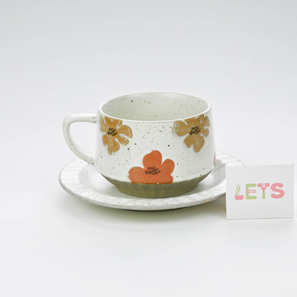 Vintage Rustic Stoneware Coffee Cup with Saucer, Underglaze Ceramic Mug - Floral Pattern
