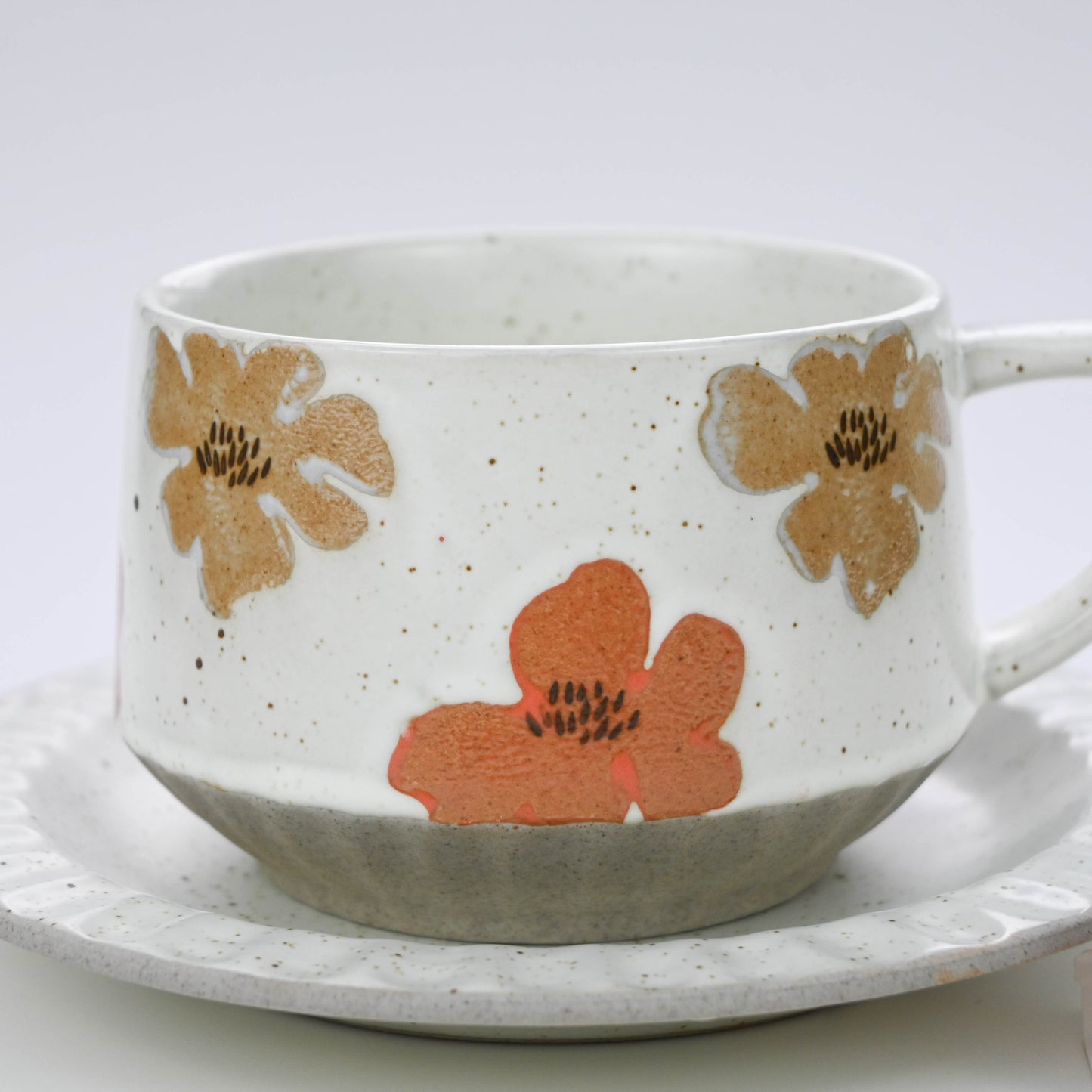 Vintage Rustic Stoneware Coffee Cup with Saucer, Underglaze Ceramic Mug - Floral Pattern