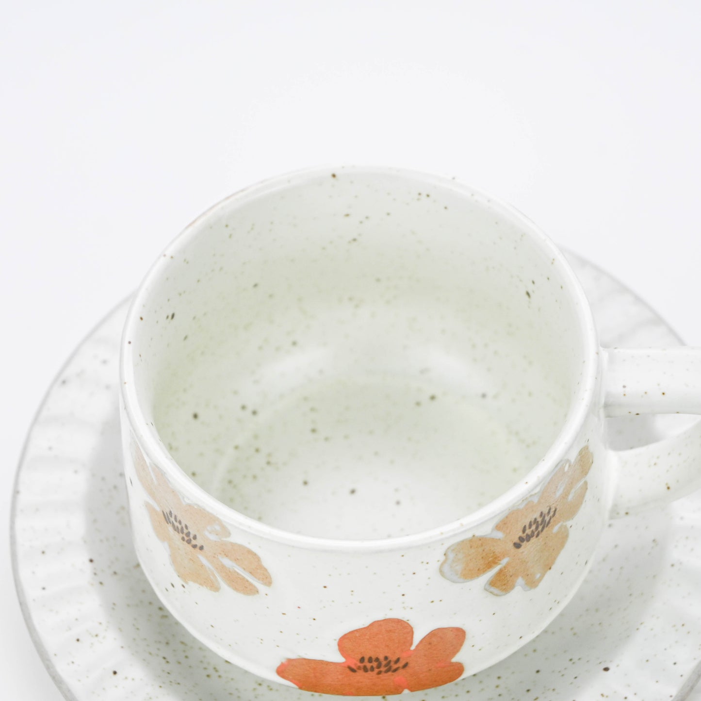 Vintage Rustic Stoneware Coffee Cup with Saucer, Underglaze Ceramic Mug - Floral Pattern