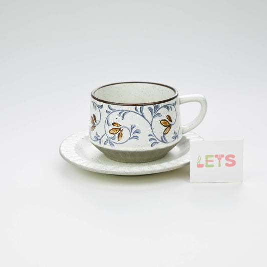 Vintage Rustic Stoneware Coffee Cup with Saucer, Underglaze Ceramic Mug - Vine Pattern