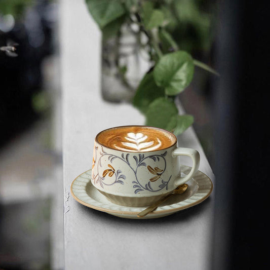 Vintage Rustic Stoneware Coffee Cup with Saucer, Underglaze Ceramic Mug - Vine Pattern