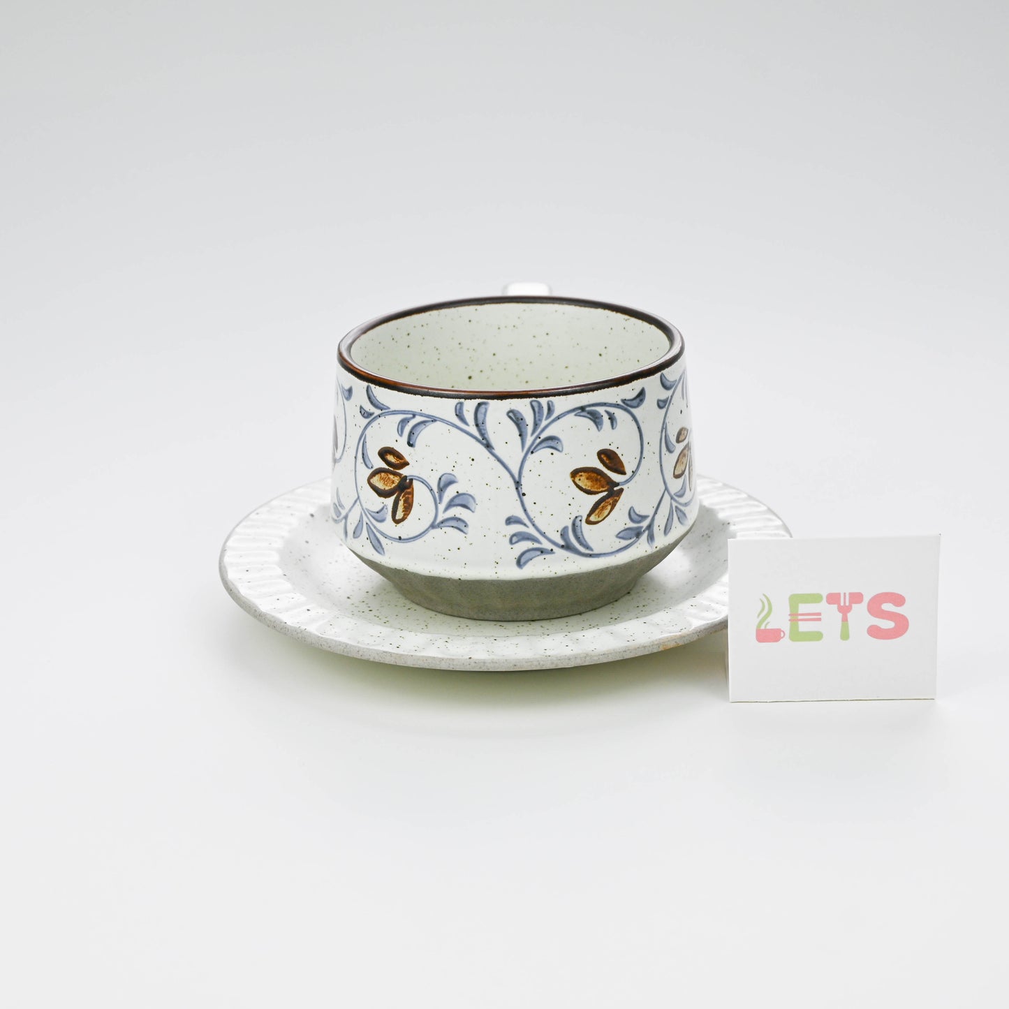 Vintage Rustic Stoneware Coffee Cup with Saucer, Underglaze Ceramic Mug - Vine Pattern