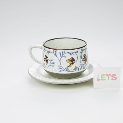 Vintage Rustic Stoneware Coffee Cup with Saucer, Underglaze Ceramic Mug - Vine Pattern