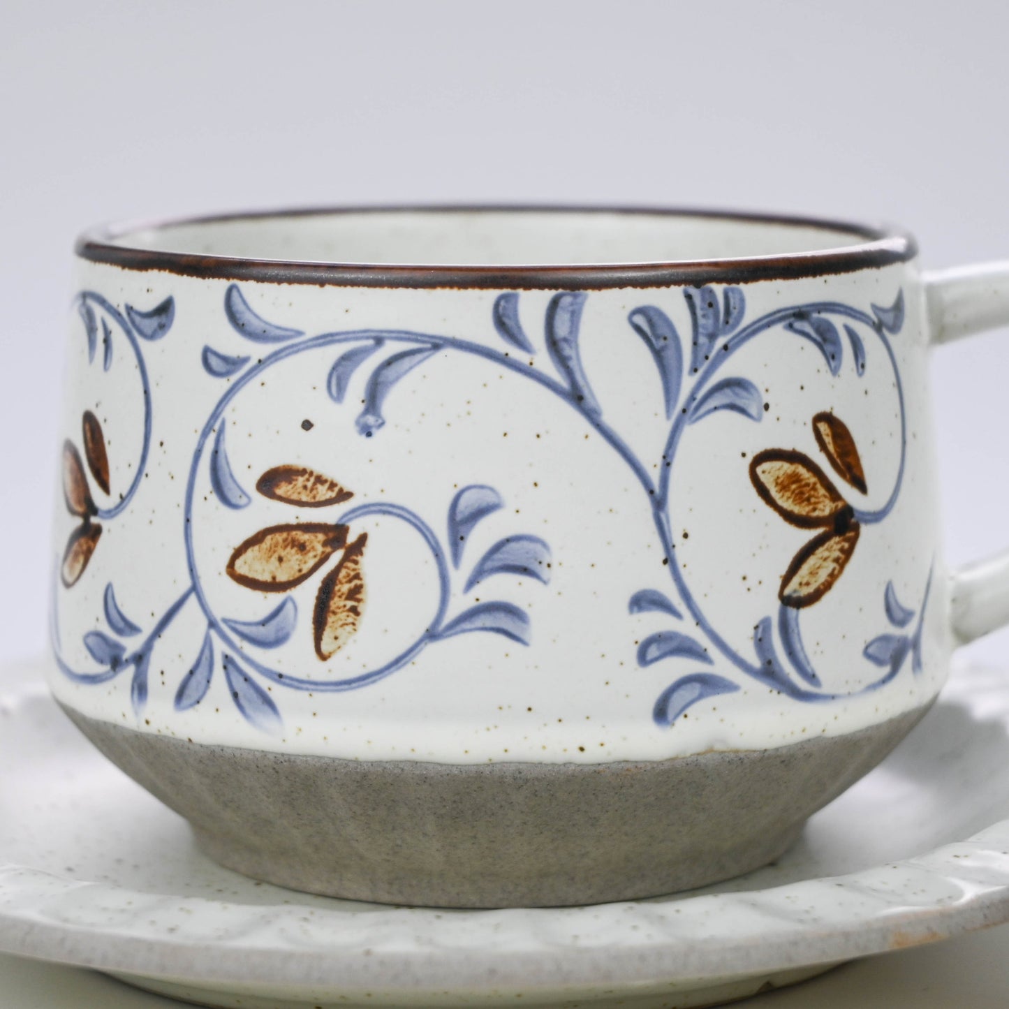 Vintage Rustic Stoneware Coffee Cup with Saucer, Underglaze Ceramic Mug - Vine Pattern