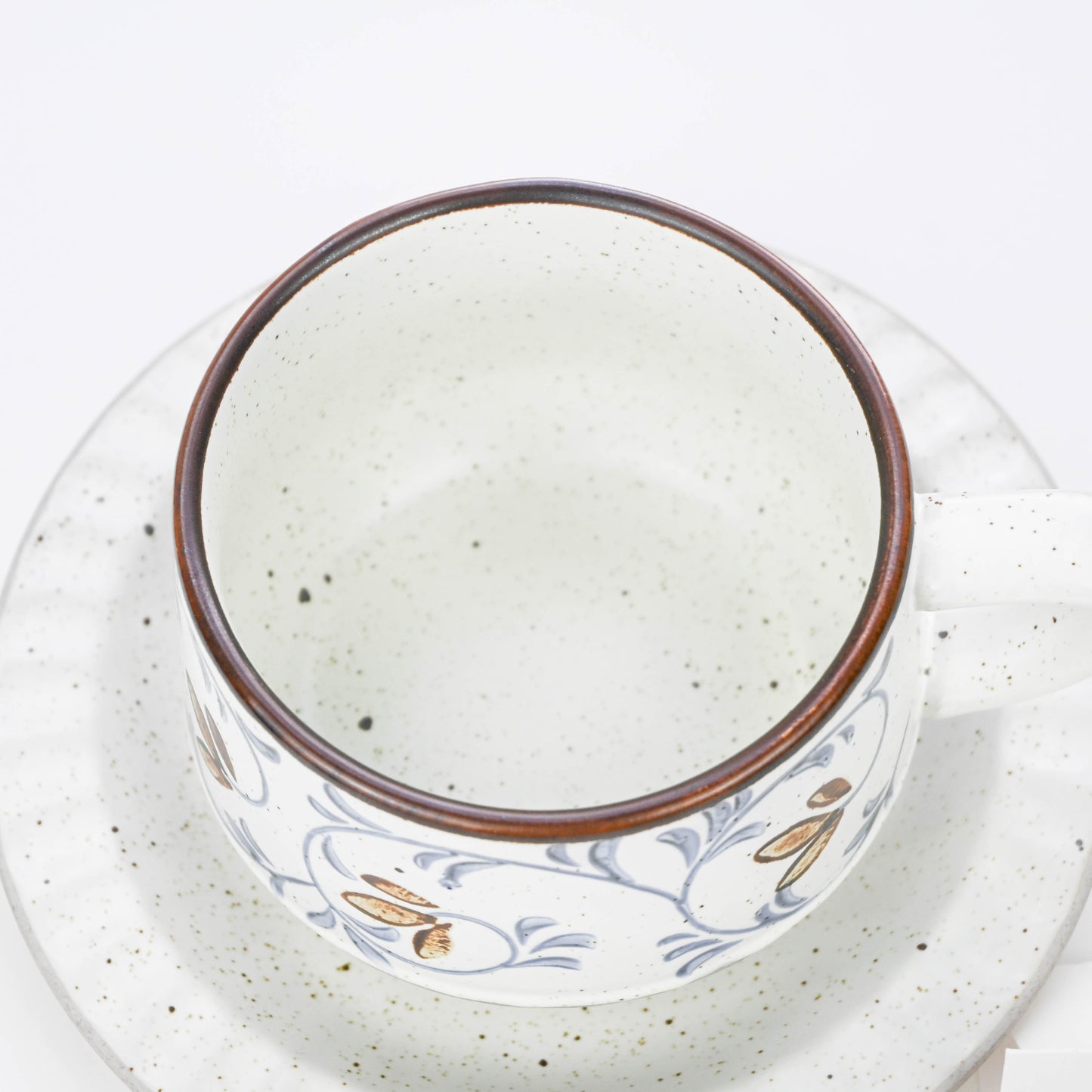 Vintage Rustic Stoneware Coffee Cup with Saucer, Underglaze Ceramic Mug - Vine Pattern