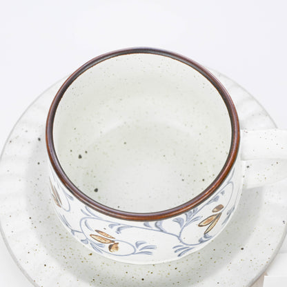 Vintage Rustic Stoneware Coffee Cup with Saucer, Underglaze Ceramic Mug - Vine Pattern