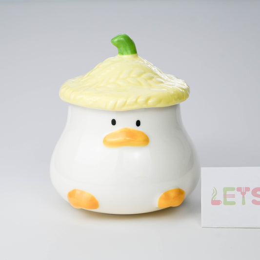 Cute Yellow Duck Ceramic Mug with Lid, Cartoon Coffee Tea Cup
