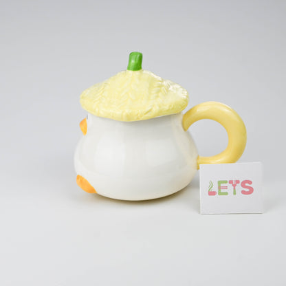 Cute Yellow Duck Ceramic Mug with Lid, Cartoon Coffee Tea Cup