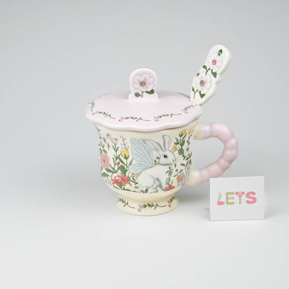 Cute Floral Bunny Ceramic Mug with Lid and Spoon, Coffee Tea Cup