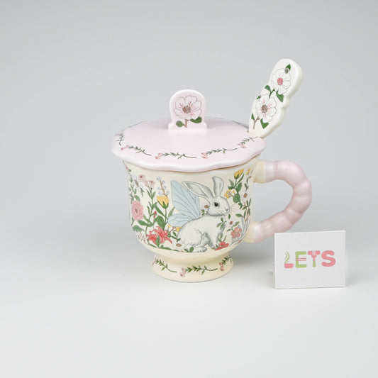 Cute Floral Bunny Ceramic Mug with Lid and Spoon, Coffee Tea Cup