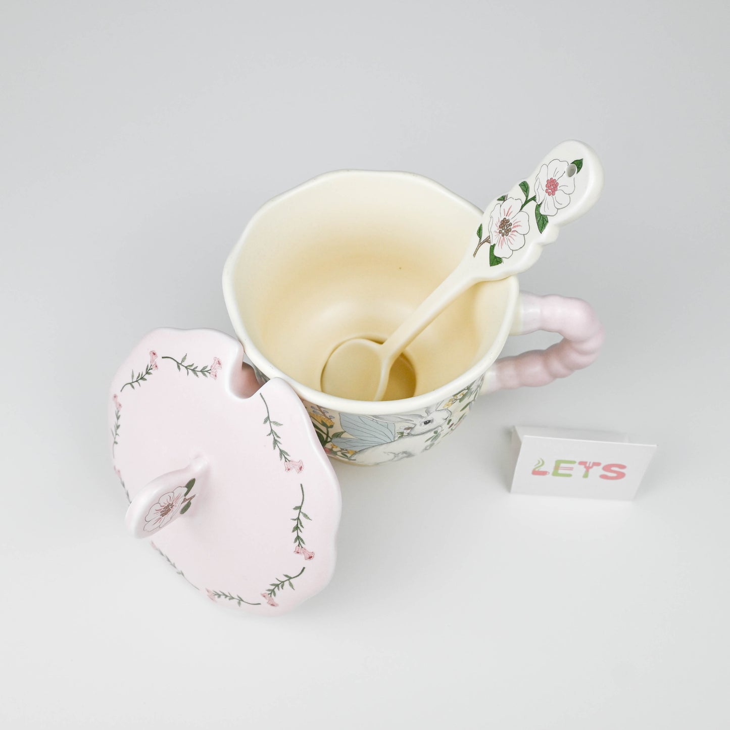 Cute Floral Bunny Ceramic Mug with Lid and Spoon, Coffee Tea Cup