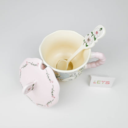 Cute Floral Bunny Ceramic Mug with Lid and Spoon, Coffee Tea Cup