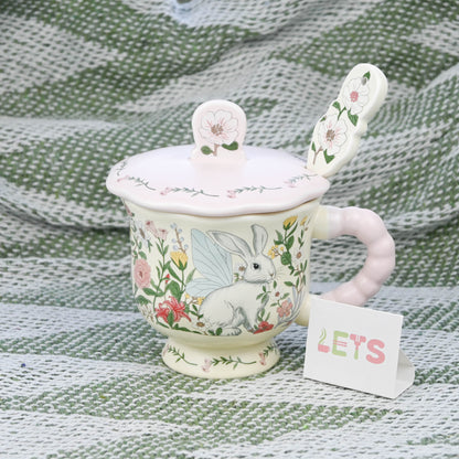 Cute Floral Bunny Ceramic Mug with Lid and Spoon, Coffee Tea Cup