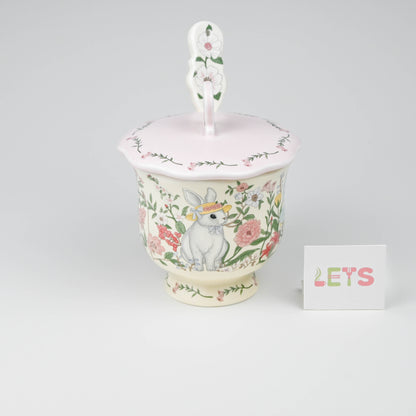 Cute Floral Bunny Ceramic Mug with Lid and Spoon, Coffee Tea Cup