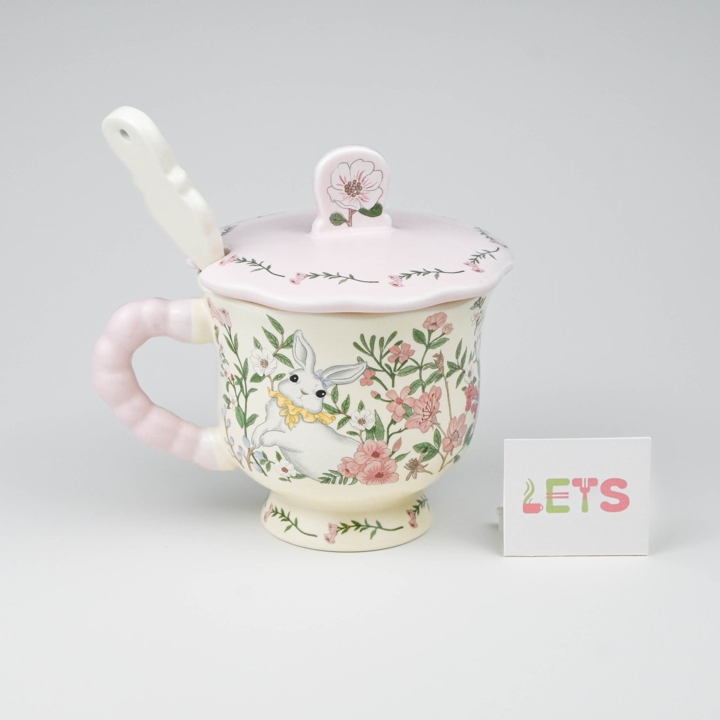 Cute Floral Bunny Ceramic Mug with Lid and Spoon, Coffee Tea Cup