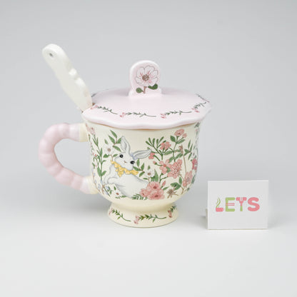 Cute Floral Bunny Ceramic Mug with Lid and Spoon, Coffee Tea Cup