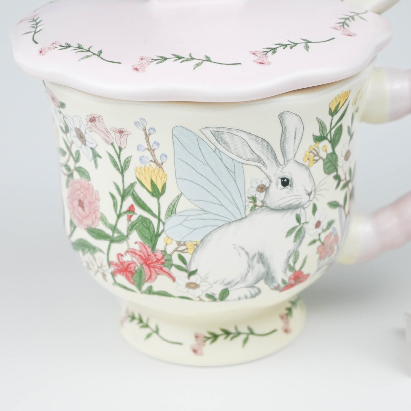 Cute Floral Bunny Ceramic Mug with Lid and Spoon, Coffee Tea Cup