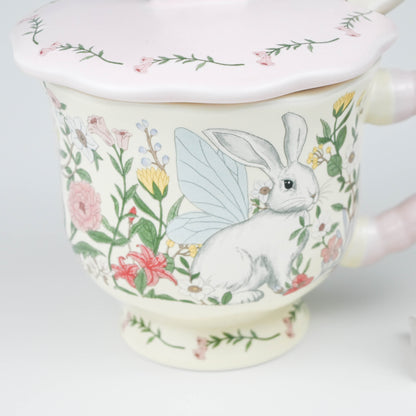 Cute Floral Bunny Ceramic Mug with Lid and Spoon, Coffee Tea Cup