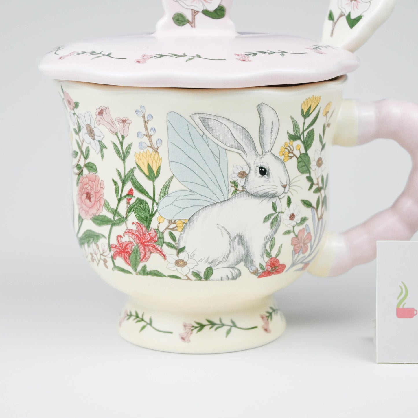 Cute Floral Bunny Ceramic Mug with Lid and Spoon, Coffee Tea Cup