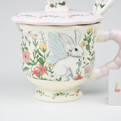 Cute Floral Bunny Ceramic Mug with Lid and Spoon, Coffee Tea Cup