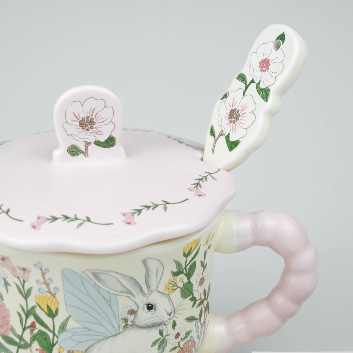 Cute Floral Bunny Ceramic Mug with Lid and Spoon, Coffee Tea Cup