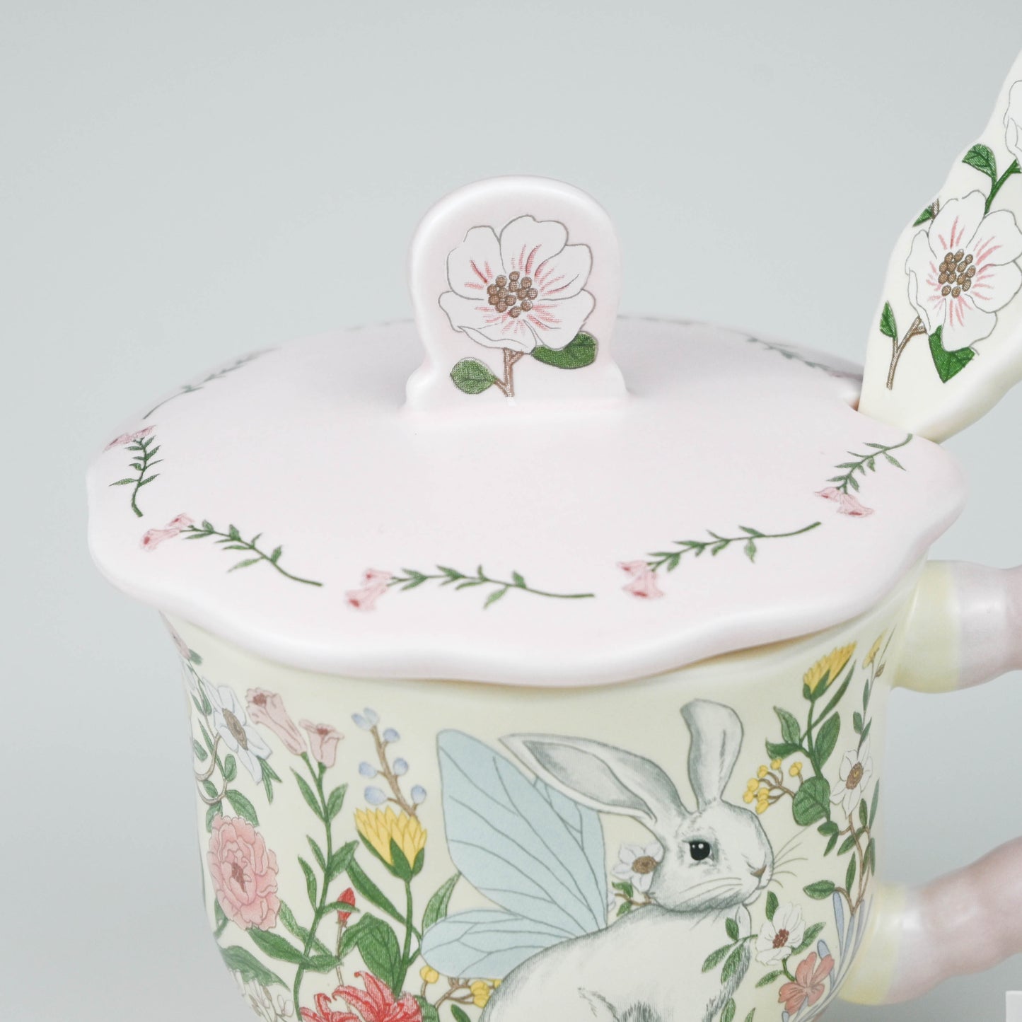 Cute Floral Bunny Ceramic Mug with Lid and Spoon, Coffee Tea Cup
