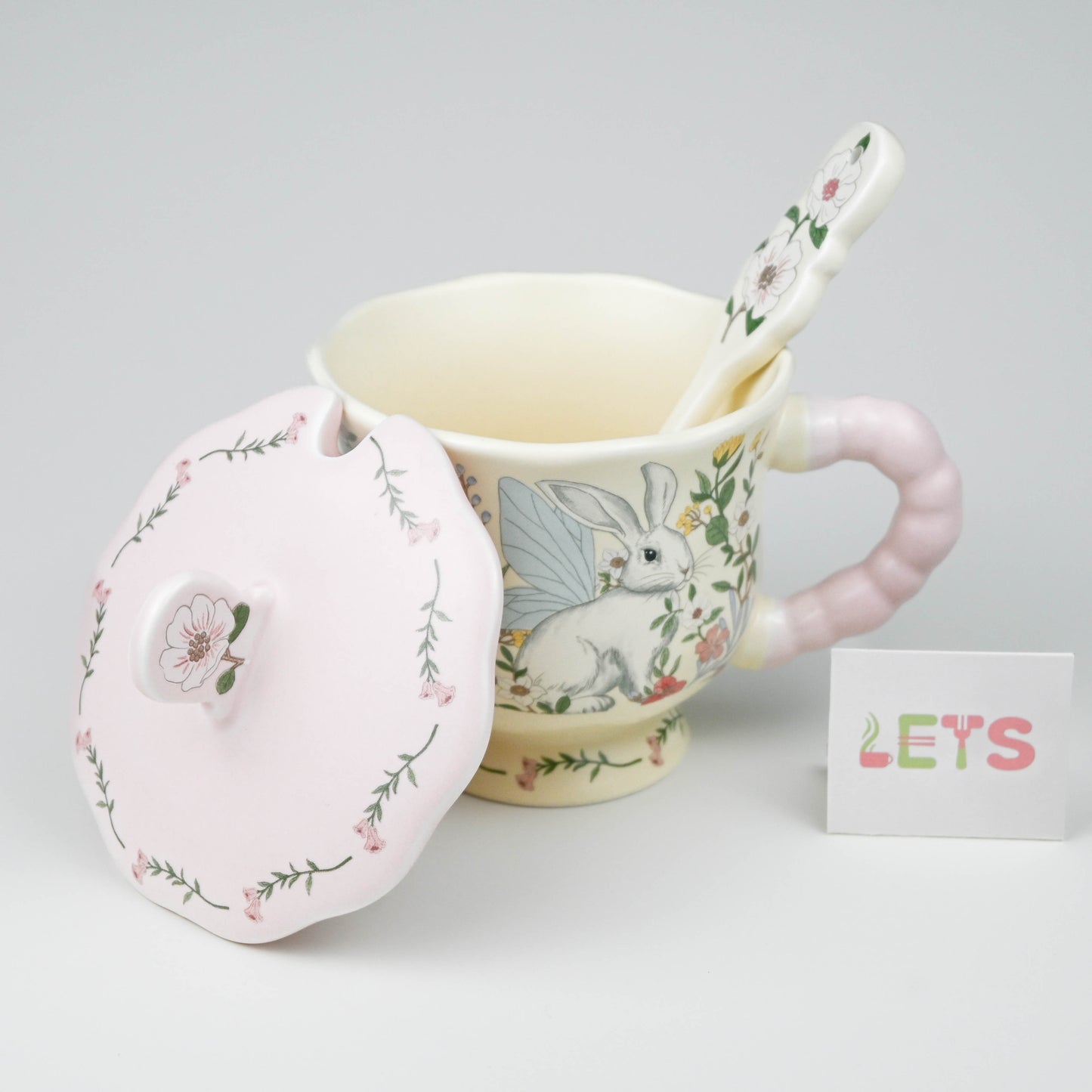 Cute Floral Bunny Ceramic Mug with Lid and Spoon, Coffee Tea Cup