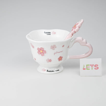 Ceramic Sakura Mug with Lid and Spoon, Pink Flower Cup - White & Pink
