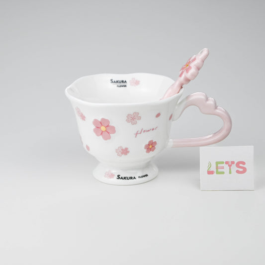 Ceramic Sakura Mug with Lid and Spoon, Pink Flower Cup - White & Pink
