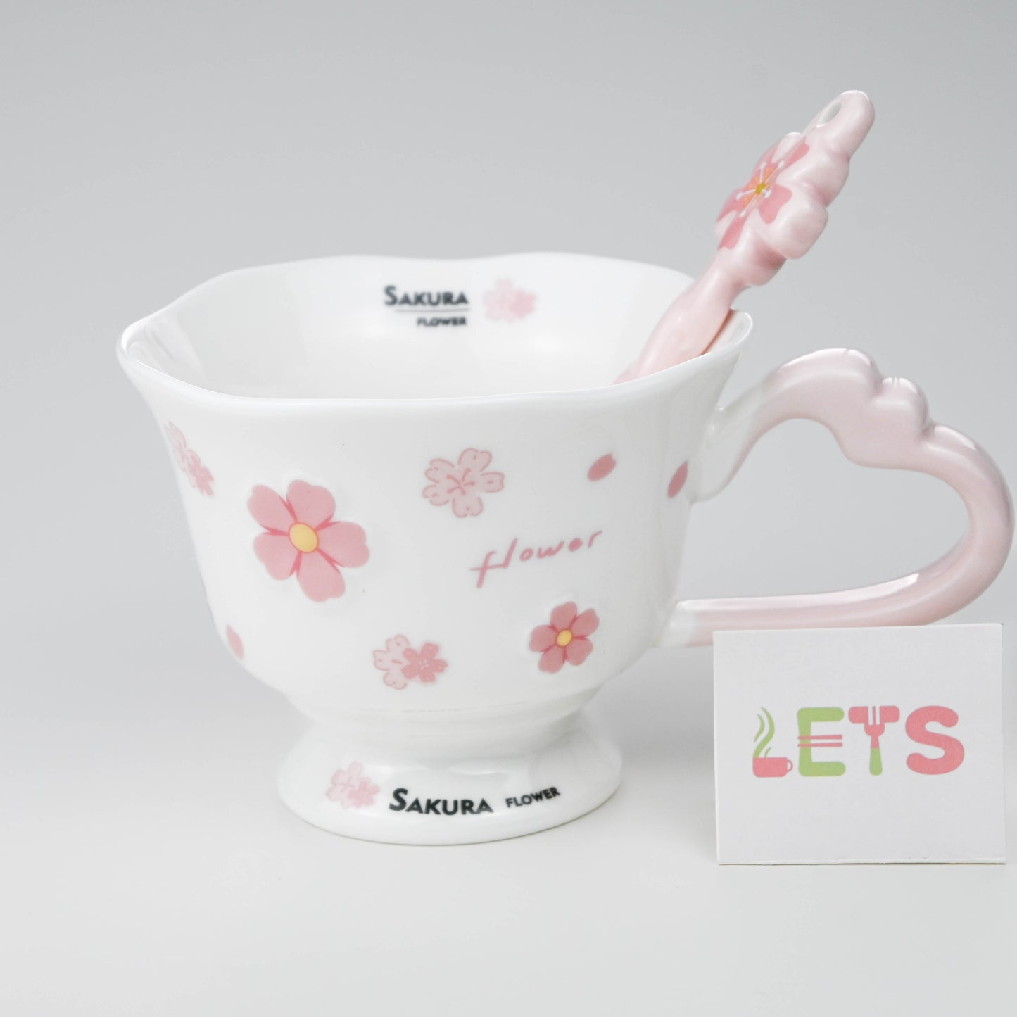 Ceramic Sakura Mug with Lid and Spoon, Pink Flower Cup - White & Pink