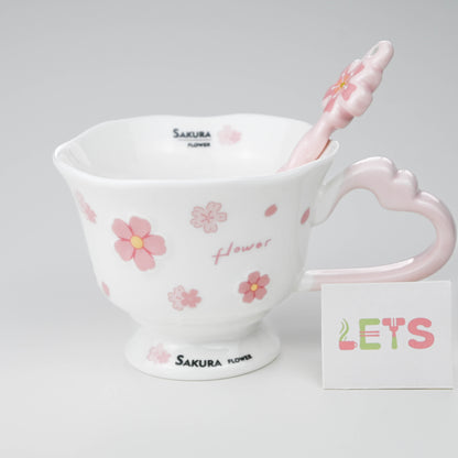 Ceramic Sakura Mug with Lid and Spoon, Pink Flower Cup - White & Pink