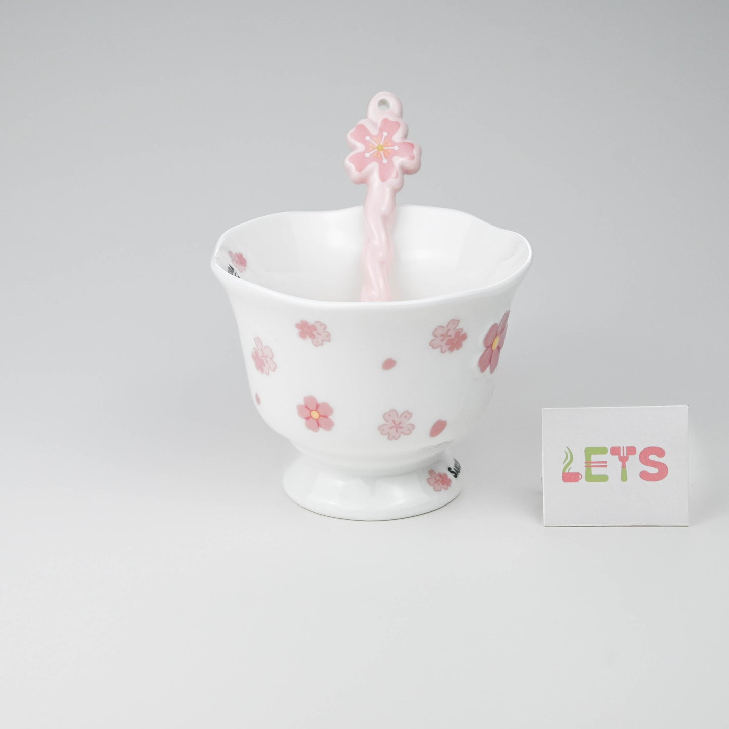 Ceramic Sakura Mug with Lid and Spoon, Pink Flower Cup - White & Pink