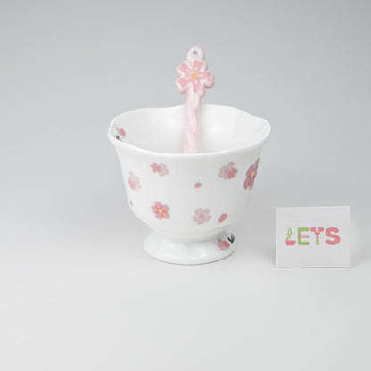 Ceramic Sakura Mug with Lid and Spoon, Pink Flower Cup - White & Pink
