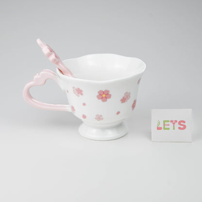 Ceramic Sakura Mug with Lid and Spoon, Pink Flower Cup - White & Pink