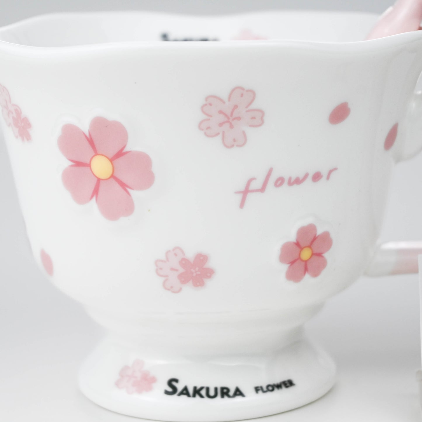 Ceramic Sakura Mug with Lid and Spoon, Pink Flower Cup - White & Pink