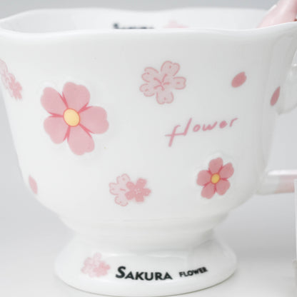 Ceramic Sakura Mug with Lid and Spoon, Pink Flower Cup - White & Pink
