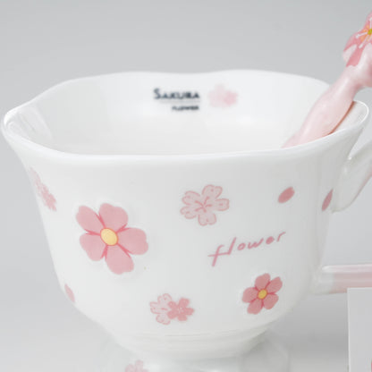 Ceramic Sakura Mug with Lid and Spoon, Pink Flower Cup - White & Pink