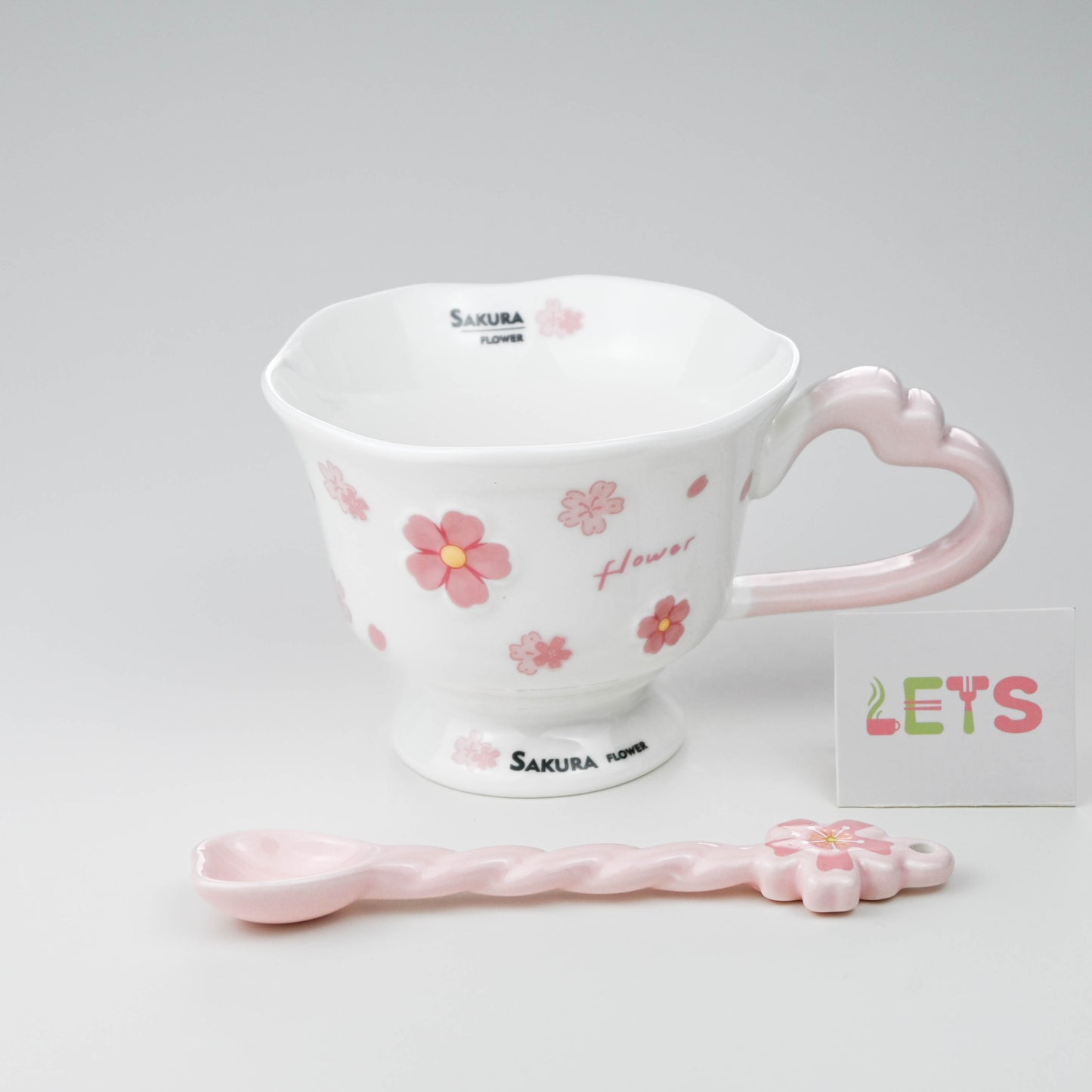 Ceramic Sakura Mug with Lid and Spoon, Pink Flower Cup - White & Pink