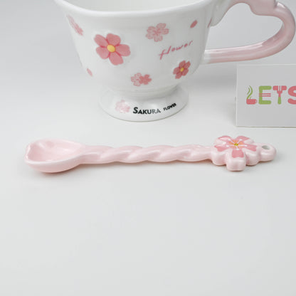 Ceramic Sakura Mug with Lid and Spoon, Pink Flower Cup - White & Pink