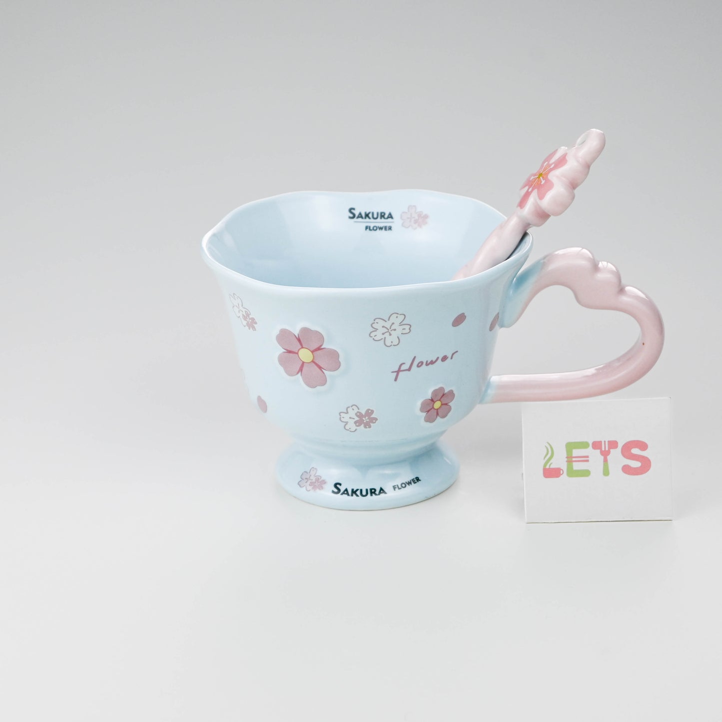Ceramic Sakura Mug with Lid and Spoon, Pink Flower Cup - Blue & Pink