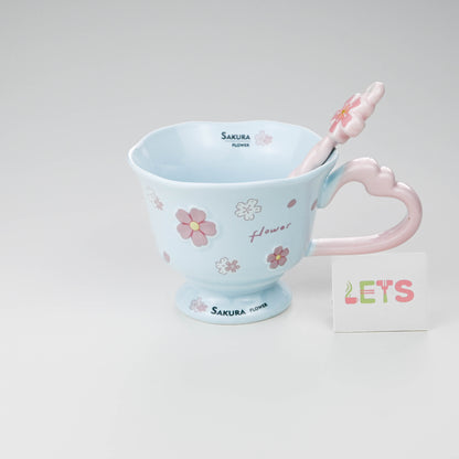 Ceramic Sakura Mug with Lid and Spoon, Pink Flower Cup - Blue & Pink