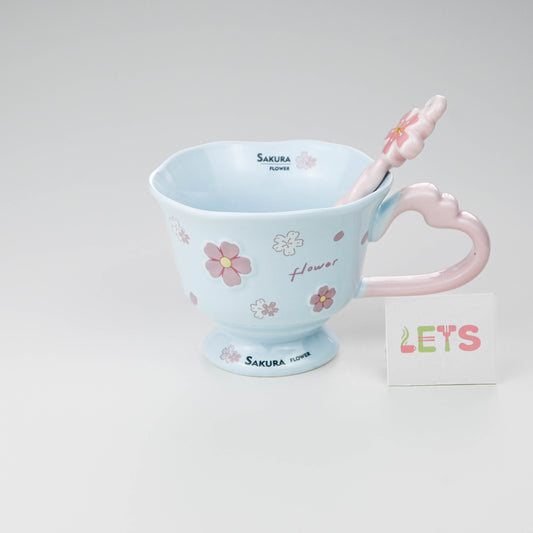 Ceramic Sakura Mug with Lid and Spoon, Pink Flower Cup - Blue & Pink